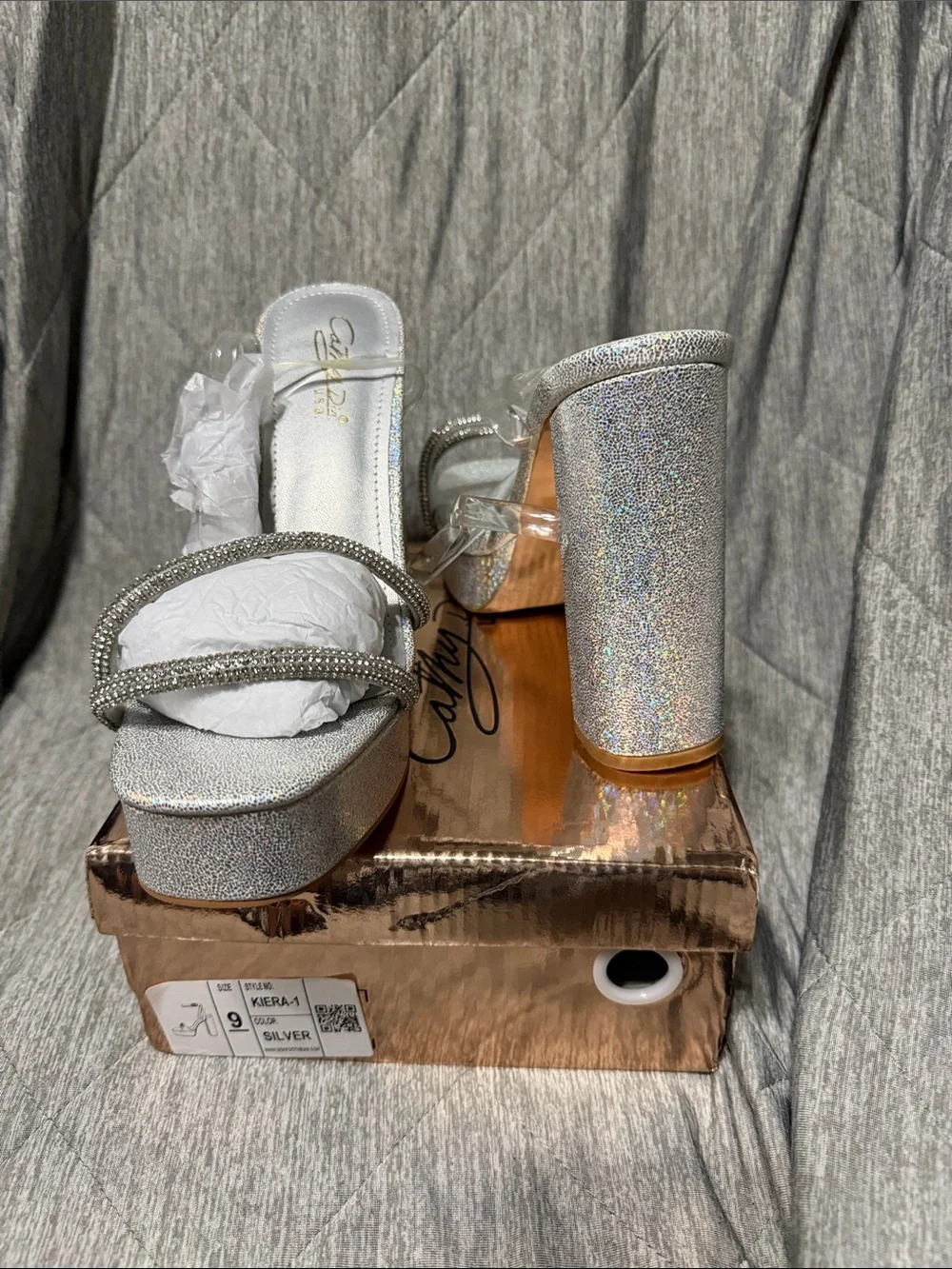 Seychelles Silver Holographic Platform Sandals with Crystal Straps